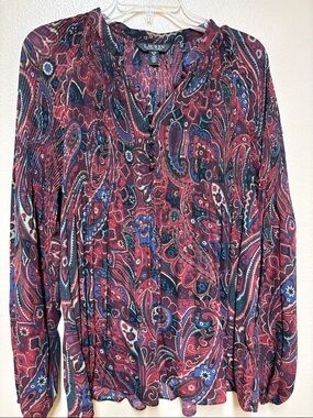 Lauren Ralph Lauren Burgundy Paisley V-Neck Long Sleeve Blouse